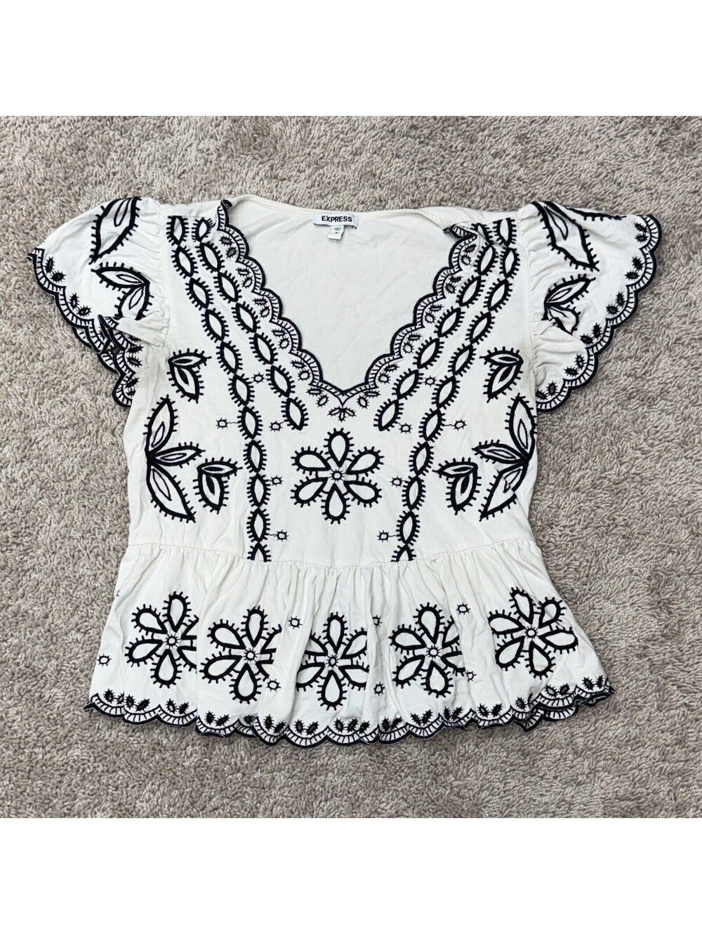 Express White Cotton Embroidered Peplum Blouse with Black Floral Design Small